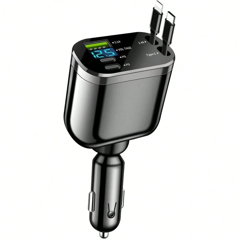 2026 Upgraded Retractable Car Charger, 4 In 1 Super Fast Vehicle Phone Charger Adapter,66W USB C Car Accessories Adapter Compatible With Iphone 16 USB C Charger Fast Charging,Universal For SUV, Sedan