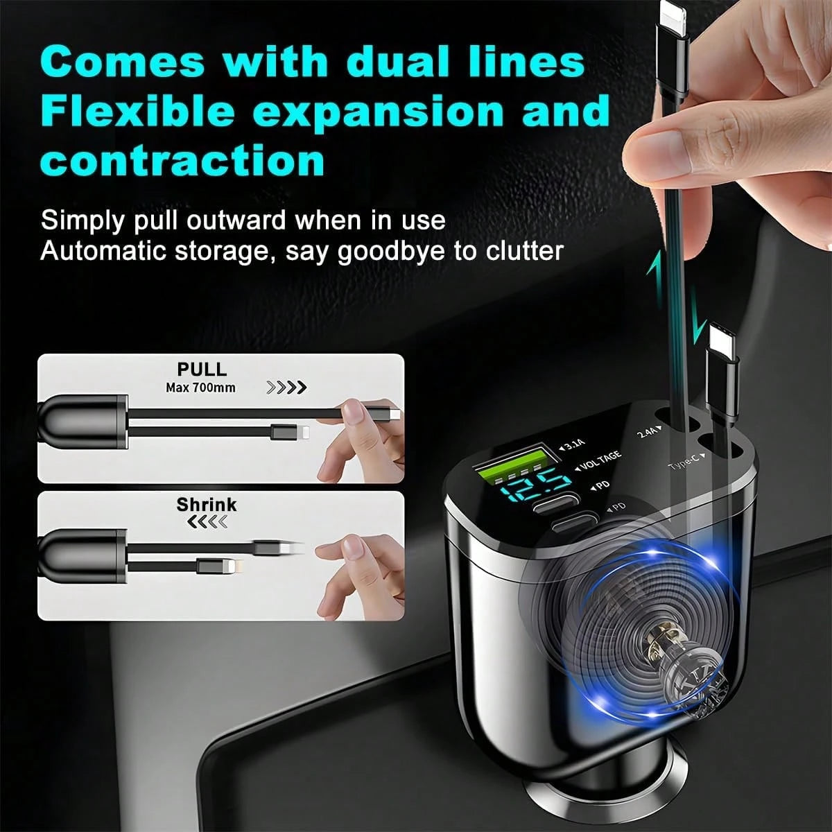 2026 Upgraded Retractable Car Charger, 4 In 1 Super Fast Vehicle Phone Charger Adapter,66W USB C Car Accessories Adapter Compatible With Iphone 16 USB C Charger Fast Charging,Universal For SUV, Sedan