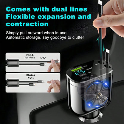 2026 Upgraded Retractable Car Charger, 4 In 1 Super Fast Vehicle Phone Charger Adapter,66W USB C Car Accessories Adapter Compatible With Iphone 16 USB C Charger Fast Charging,Universal For SUV, Sedan
