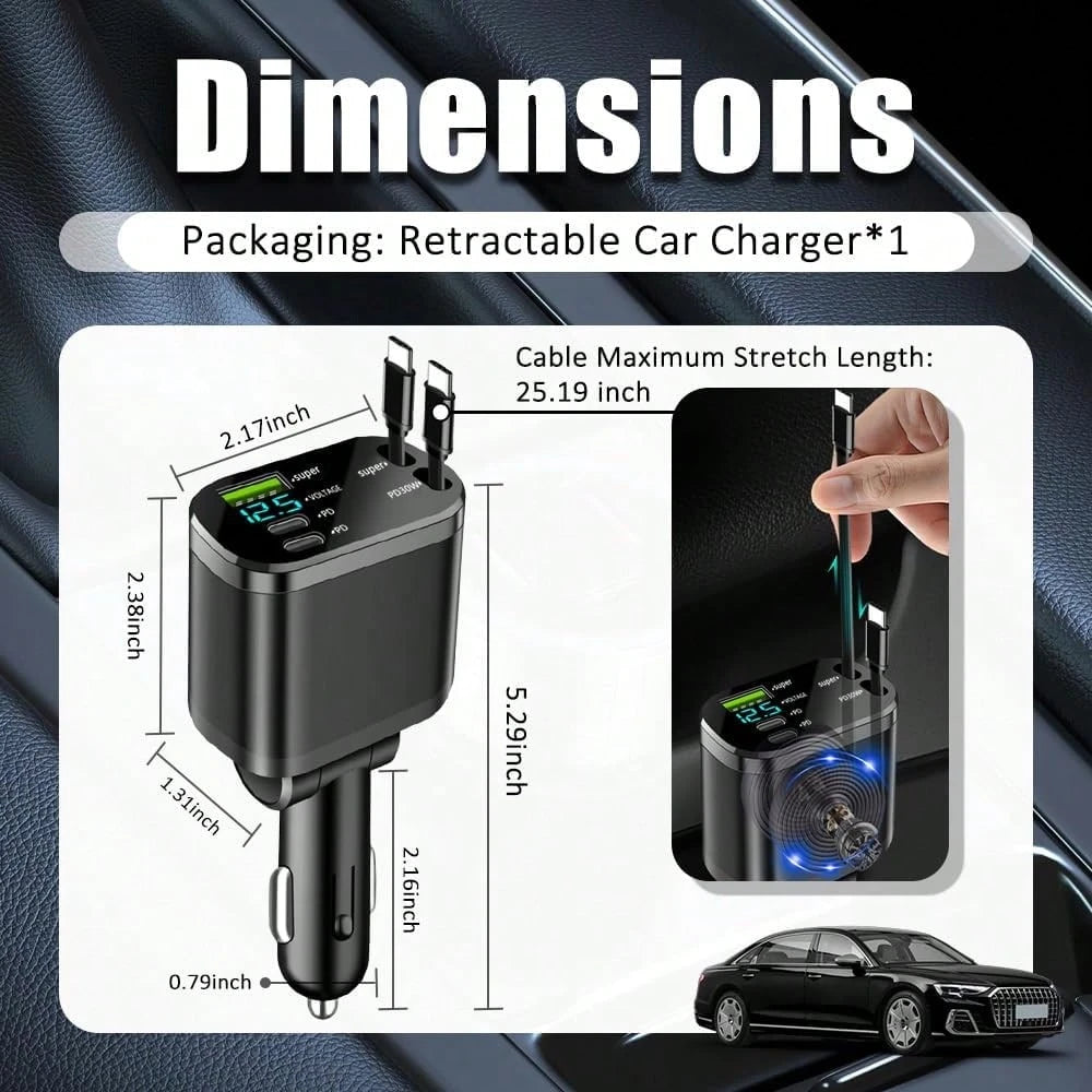 2026 Upgraded Retractable Car Charger, 4 In 1 Super Fast Vehicle Phone Charger Adapter,66W USB C Car Accessories Adapter Compatible With Iphone 16 USB C Charger Fast Charging,Universal For SUV, Sedan