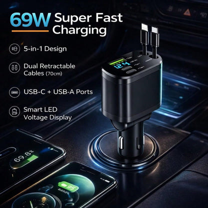 2026 Upgraded Retractable Car Charger, 4 In 1 Super Fast Vehicle Phone Charger Adapter,66W USB C Car Accessories Adapter Compatible With Iphone 16 USB C Charger Fast Charging,Universal For SUV, Sedan