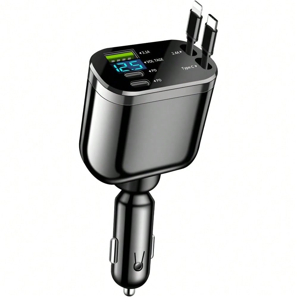 2026 Upgraded Retractable Car Charger, 4 In 1 Super Fast Vehicle Phone Charger Adapter,66W USB C Car Accessories Adapter Compatible With Iphone 16 USB C Charger Fast Charging,Universal For SUV, Sedan