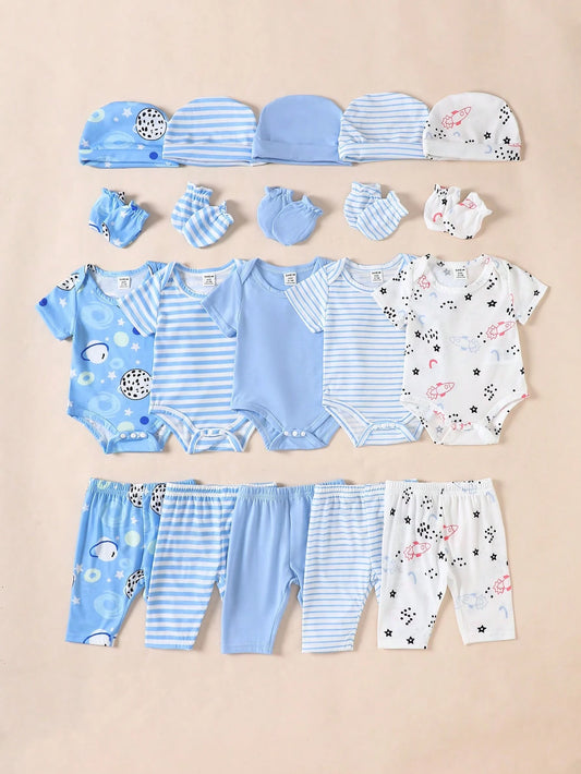 20pc Baby Boy Clothing Set: 5 Bodysuits + 5 Pants + 5 Hats + 5 Pairs Of Gloves, Summer
