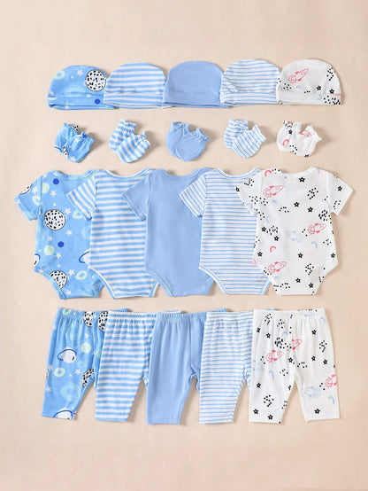 20pc Baby Boy Clothing Set: 5 Bodysuits + 5 Pants + 5 Hats + 5 Pairs Of Gloves, Summer