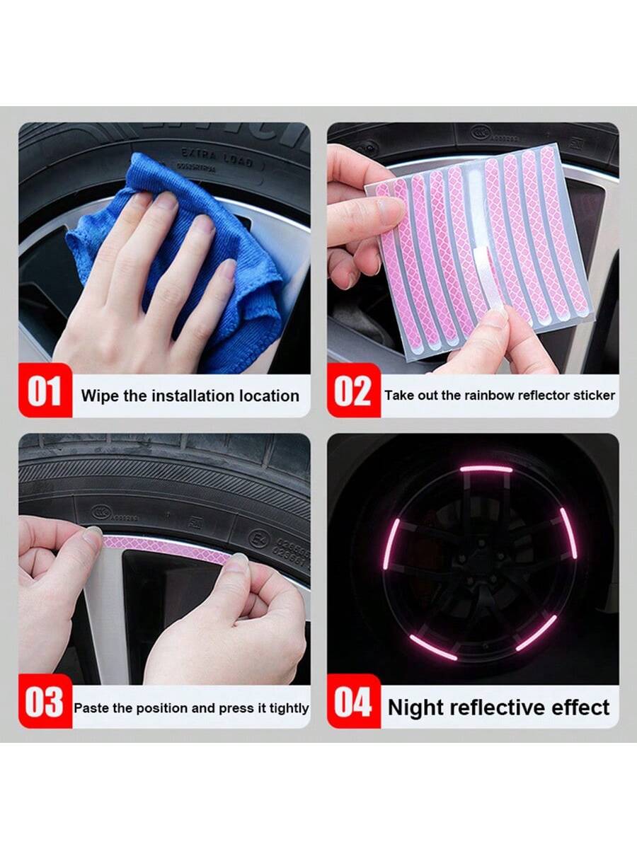 20pcs Car Wheel Hub Reflective Sticker, Colorful & Luminous Pink Rim Decorative Stripe Sticker For Night Use