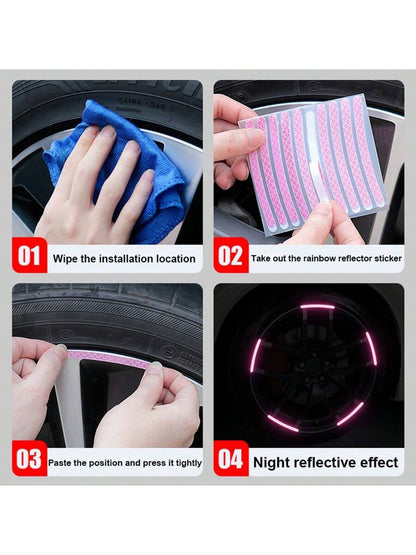 20pcs Car Wheel Hub Reflective Sticker, Colorful & Luminous Pink Rim Decorative Stripe Sticker For Night Use