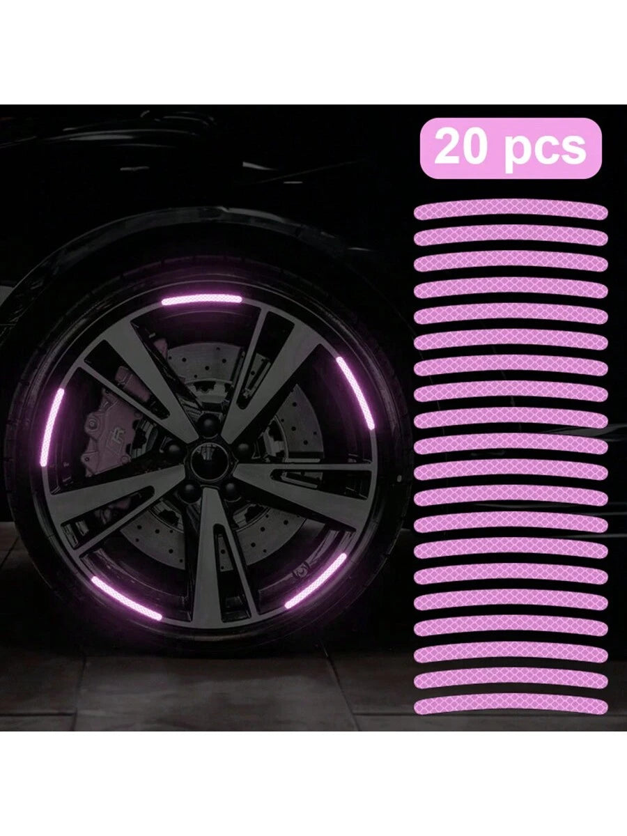 20pcs Car Wheel Hub Reflective Sticker, Colorful & Luminous Pink Rim Decorative Stripe Sticker For Night Use