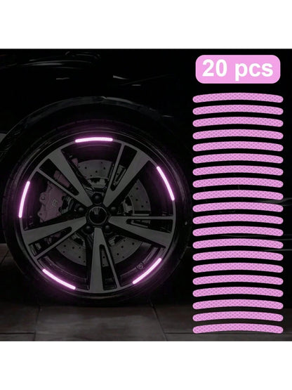 20pcs Car Wheel Hub Reflective Sticker, Colorful & Luminous Pink Rim Decorative Stripe Sticker For Night Use