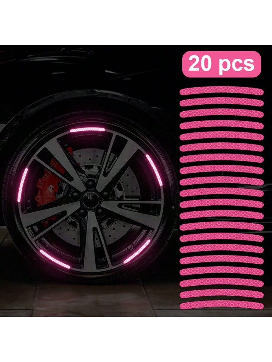 20pcs Car Wheel Hub Reflective Sticker, Colorful & Luminous Pink Rim Decorative Stripe Sticker For Night Use
