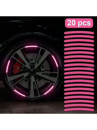 20pcs Car Wheel Hub Reflective Sticker, Colorful & Luminous Pink Rim Decorative Stripe Sticker For Night Use