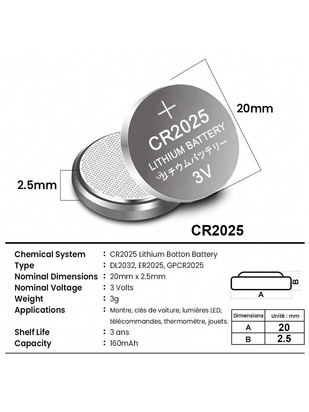 20PCS CR2025 Battery CR 2025 3V Lithium Battery DL2025 BR2025 KCR2025 For Car Remote Control Watch Button Coin Cells