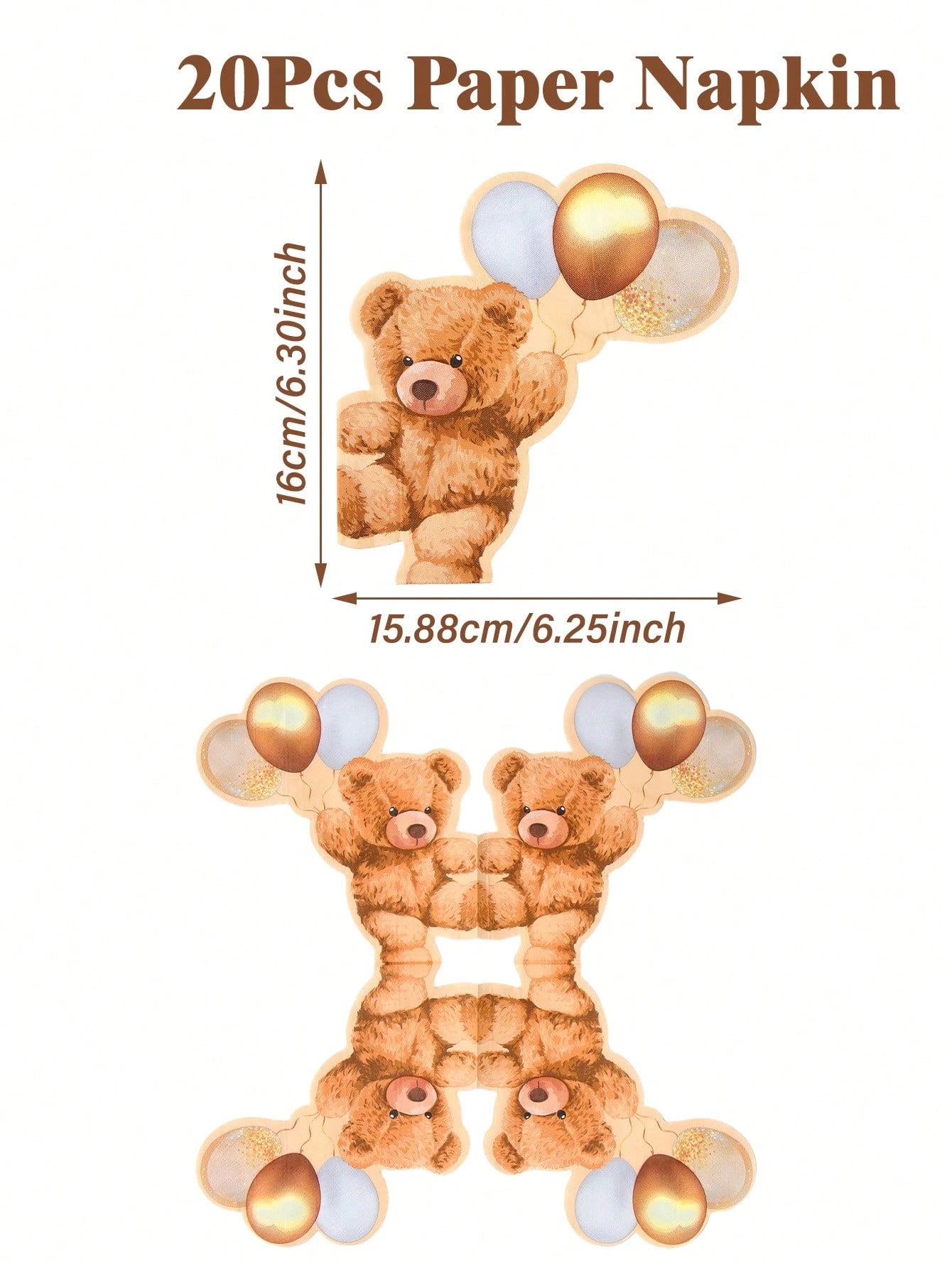 20pcs Cute Bear Balloon Shaped Napkins, Brown Bear Baby Shower Towels, Baby Shower Gift, Birthday Party Brown Teddy Bear Theme Table Decor, Baby Shower, Gender Reveal Party, Newborn Welcome Party, Boh