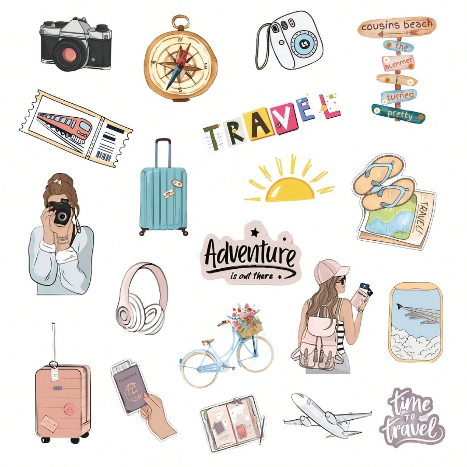 20pcs Travel Vacation Theme Stickers, "Adventure Is Out There" Travel Decals, Suitable For Travel Journals, Suitcases, Water Bottles, Notebooks, Planners, Laptops, Vacation Trips, Cameras, Compasses