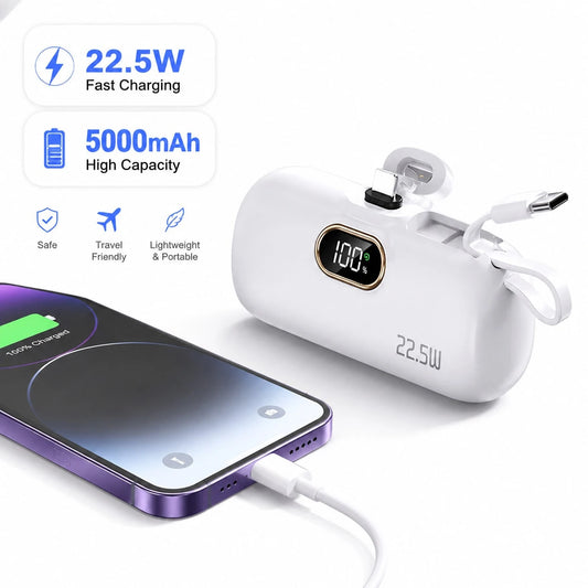 22.5W Fast Charging Emergency Power Bank 5000mAh Mini Capsule Power Bank With Attached Dual Cables LED Battery Screen Plug-In Cordless Charge Dual Device Power Supply Pocket Size External Battery Pack