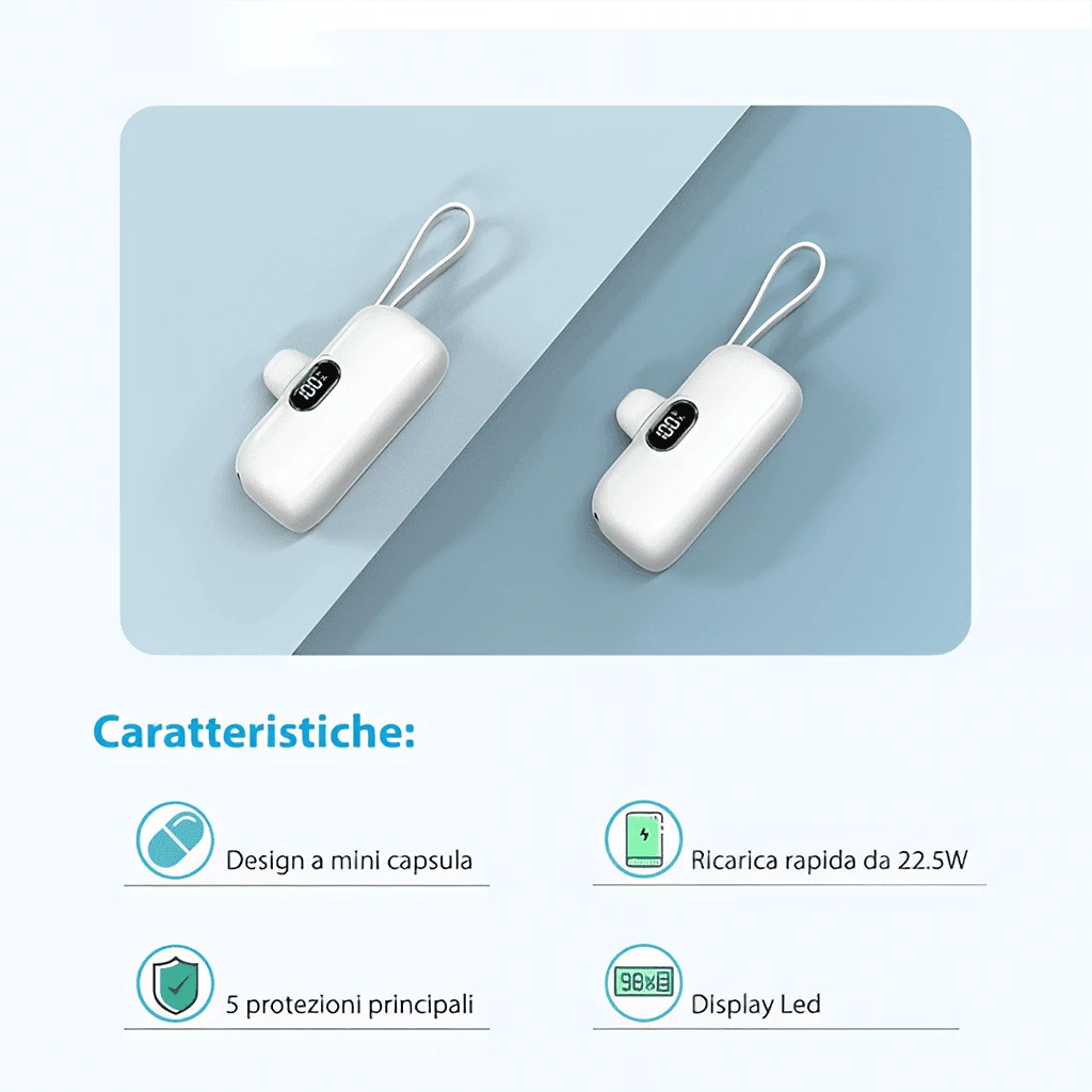 22.5W Fast Charging Emergency Power Bank 5000mAh Mini Capsule Power Bank With Attached Dual Cables LED Battery Screen Plug-In Cordless Charge Dual Device Power Supply Pocket Size External Battery Pack