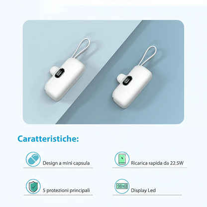 22.5W Fast Charging Emergency Power Bank 5000mAh Mini Capsule Power Bank With Attached Dual Cables LED Battery Screen Plug-In Cordless Charge Dual Device Power Supply Pocket Size External Battery Pack