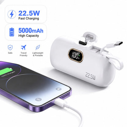 22.5W Fast Charging Emergency Power Bank 5000mAh Mini Capsule Power Bank With Attached Dual Cables LED Battery Screen Plug-In Cordless Charge Dual Device Power Supply Pocket Size External Battery Pack
