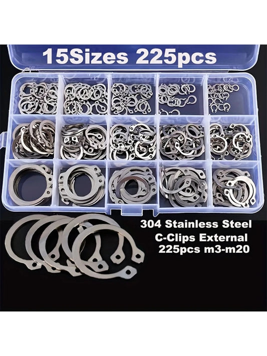 225pcs C-Type Clips External Fixing Rings Kit, 15 Sizes 304 Stainless Steel Circlips Retaining Rings For Shaft, Assortment Set M3-M20