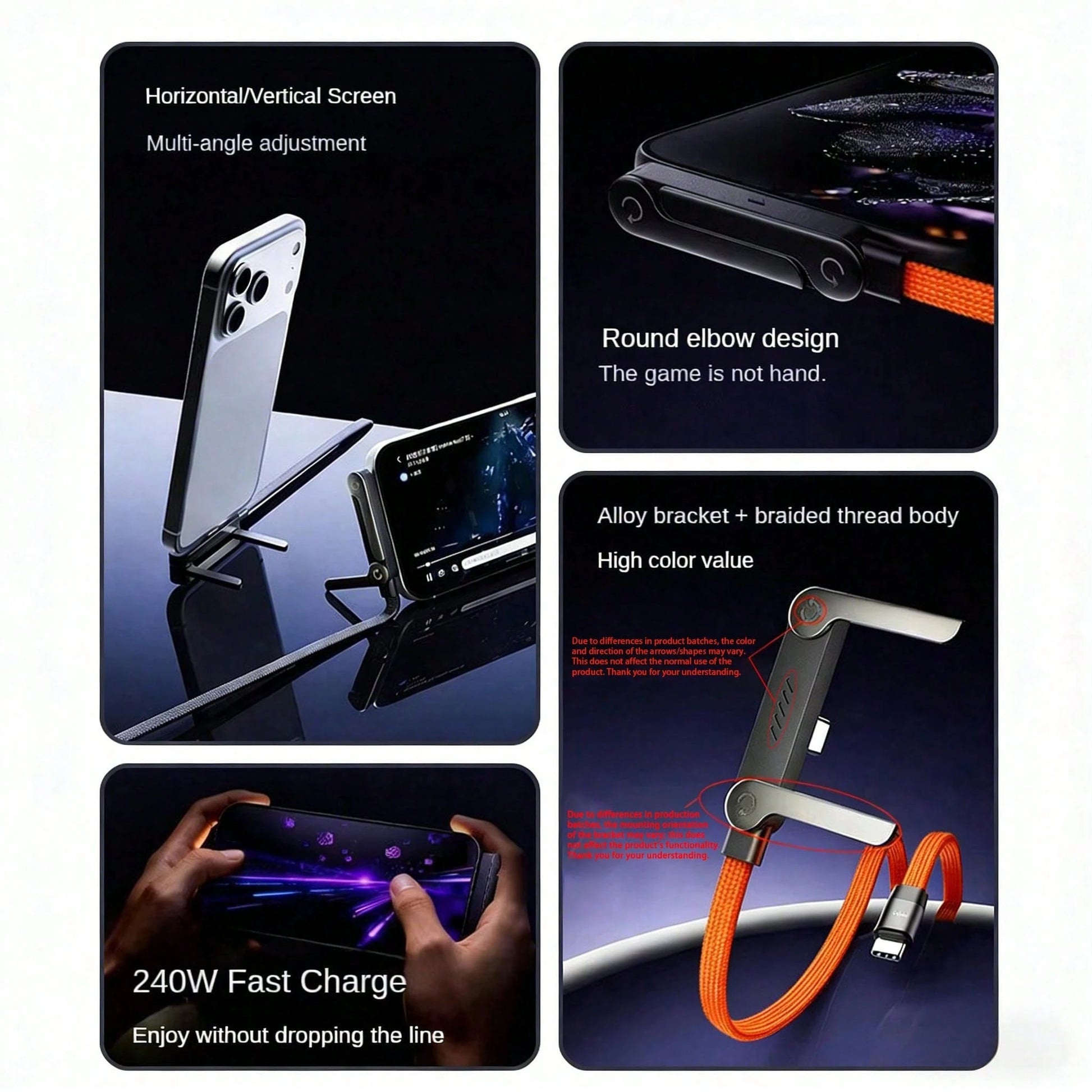 240W(Max) Orange Fast Charging Braided Data Cable, 2026 Latest Model Orange Stand Data Cable, Made Of Nylon Braided Material, Supports Fast Charging, Built-In Phone Stand, T-Shaped Folding Design, USB