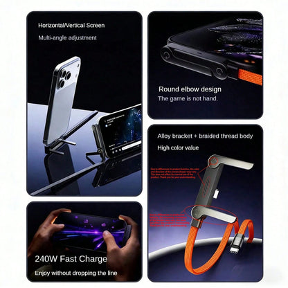 240W(Max) Orange Fast Charging Braided Data Cable, 2026 Latest Model Orange Stand Data Cable, Made Of Nylon Braided Material, Supports Fast Charging, Built-In Phone Stand, T-Shaped Folding Design, USB