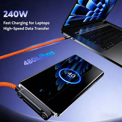 240W(Max) Orange Fast Charging Braided Data Cable, 2026 Latest Model Orange Stand Data Cable, Made Of Nylon Braided Material, Supports Fast Charging, Built-In Phone Stand, T-Shaped Folding Design, USB