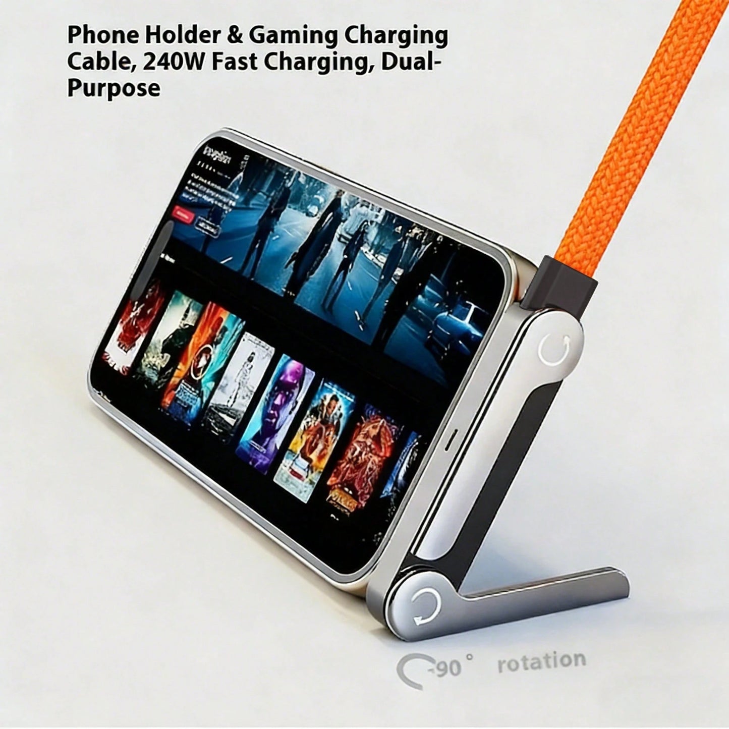 240W(Max) Orange Fast Charging Braided Data Cable, 2026 Latest Model Orange Stand Data Cable, Made Of Nylon Braided Material, Supports Fast Charging, Built-In Phone Stand, T-Shaped Folding Design, USB