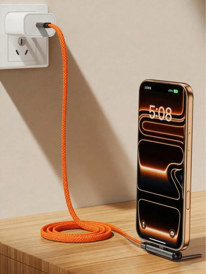 240W(Max) Orange Fast Charging Braided Data Cable, 2026 Latest Model Orange Stand Data Cable, Made Of Nylon Braided Material, Supports Fast Charging, Built-In Phone Stand, T-Shaped Folding Design, USB