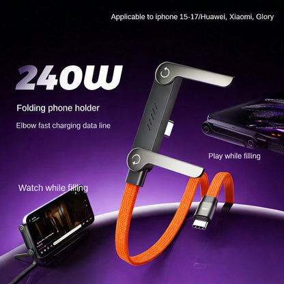 240W(Max) Orange Fast Charging Braided Data Cable, 2026 Latest Model Orange Stand Data Cable, Made Of Nylon Braided Material, Supports Fast Charging, Built-In Phone Stand, T-Shaped Folding Design, USB