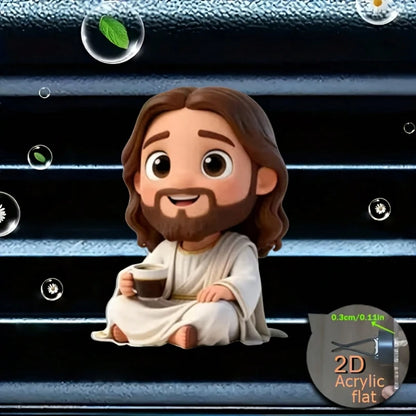 2D Cartoon Jesus Drinking Coffee Car Fragrance Hanging Ornament, Decoration Accessory Without Fragrance, Can Be Self-Filled With Fragrance Sponge, Car Air Freshener Diffuser