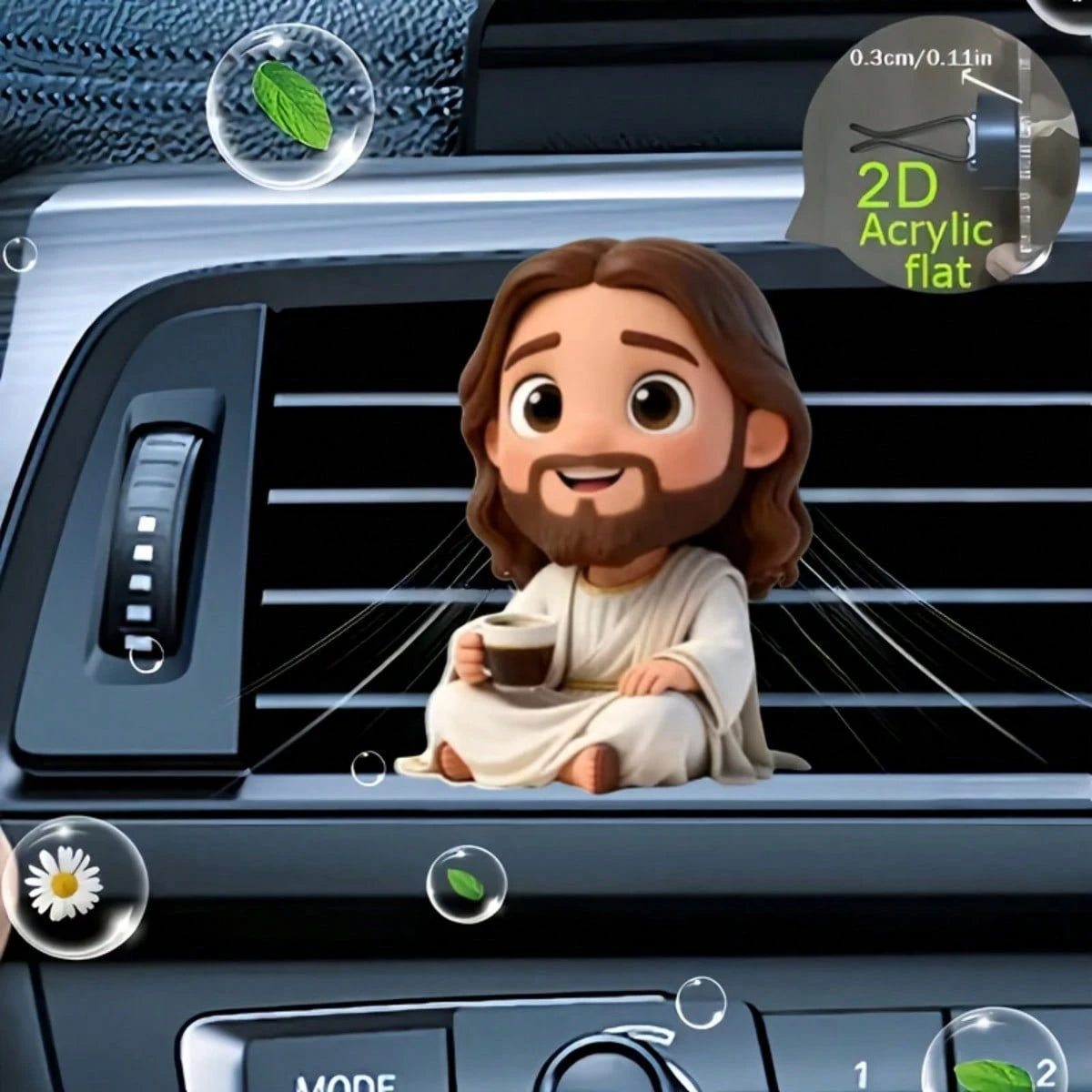 2D Cartoon Jesus Drinking Coffee Car Fragrance Hanging Ornament, Decoration Accessory Without Fragrance, Can Be Self-Filled With Fragrance Sponge, Car Air Freshener Diffuser