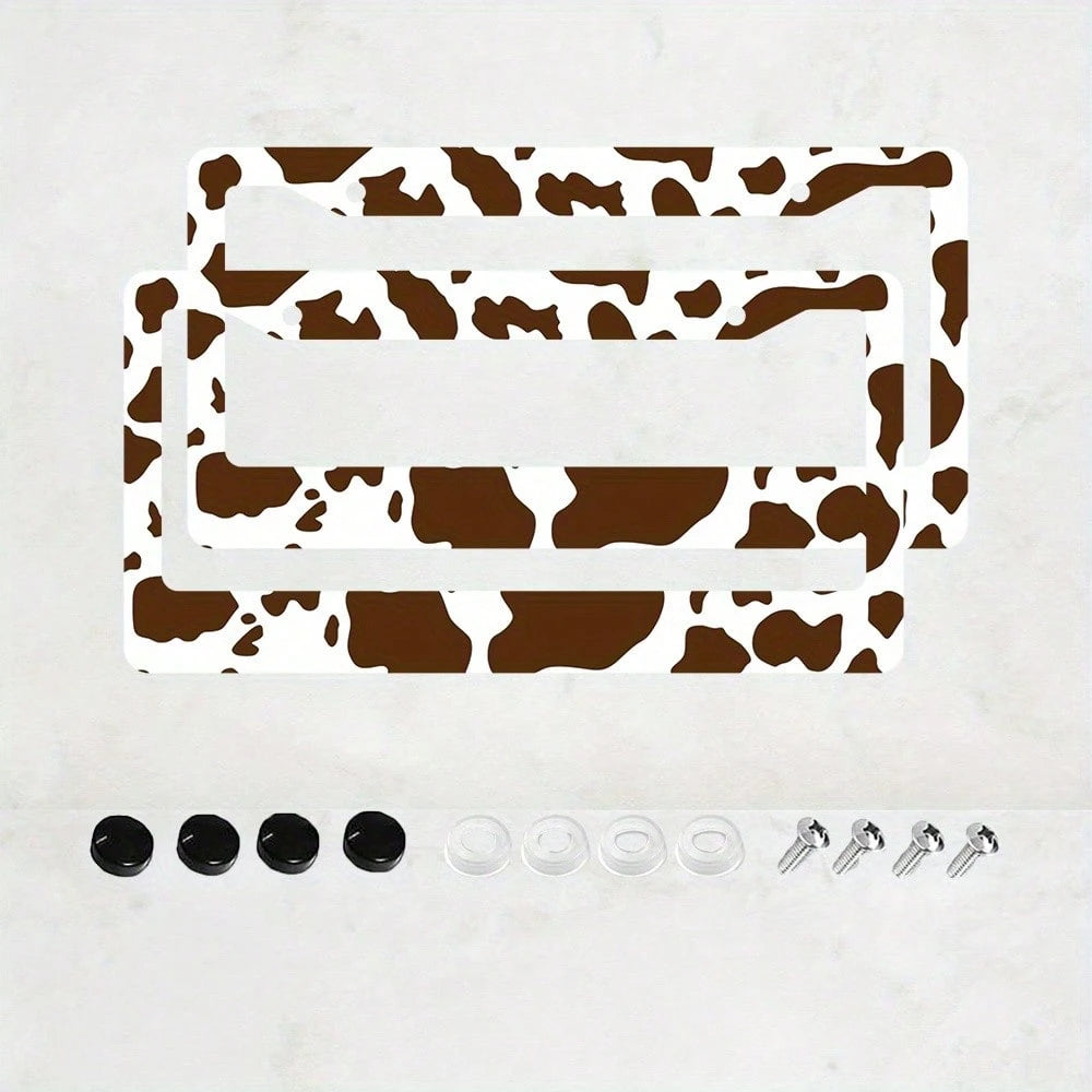 2D Flat Design, Single Piece, For Decorative Purposes Only, Featuring A Cow Pattern License Plate Frame With An Attractive Animal Design On A White Background, Complete With Black Spots.This Car Decor