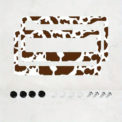 2D Flat Design, Single Piece, For Decorative Purposes Only, Featuring A Cow Pattern License Plate Frame With An Attractive Animal Design On A White Background, Complete With Black Spots.This Car Decor