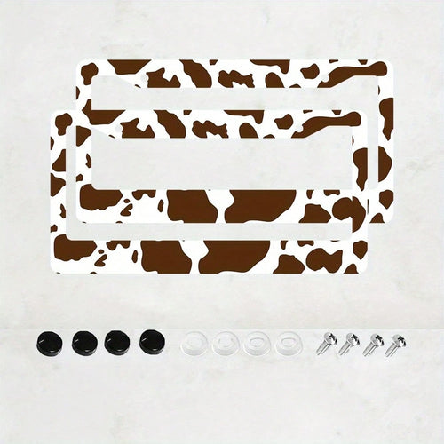 2D Flat Design, Single Piece, For Decorative Purposes Only, Featuring A Cow Pattern License Plate Frame With An Attractive Animal Design On A White Background, Complete With Black Spots.This Car Decor
