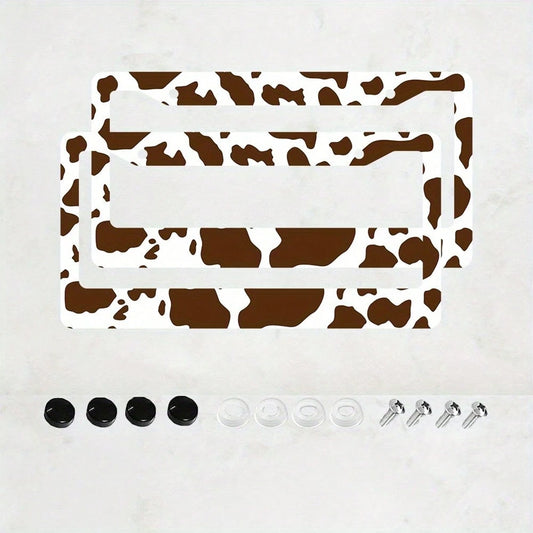 2D Flat Design, Single Piece, For Decorative Purposes Only, Featuring A Cow Pattern License Plate Frame With An Attractive Animal Design On A White Background, Complete With Black Spots.This Car Decor