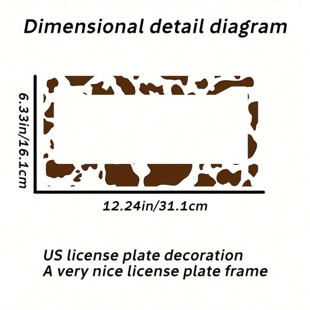 2D Flat Design, Single Piece, For Decorative Purposes Only, Featuring A Cow Pattern License Plate Frame With An Attractive Animal Design On A White Background, Complete With Black Spots.This Car Decor