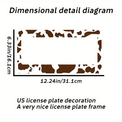 2D Flat Design, Single Piece, For Decorative Purposes Only, Featuring A Cow Pattern License Plate Frame With An Attractive Animal Design On A White Background, Complete With Black Spots.This Car Decor