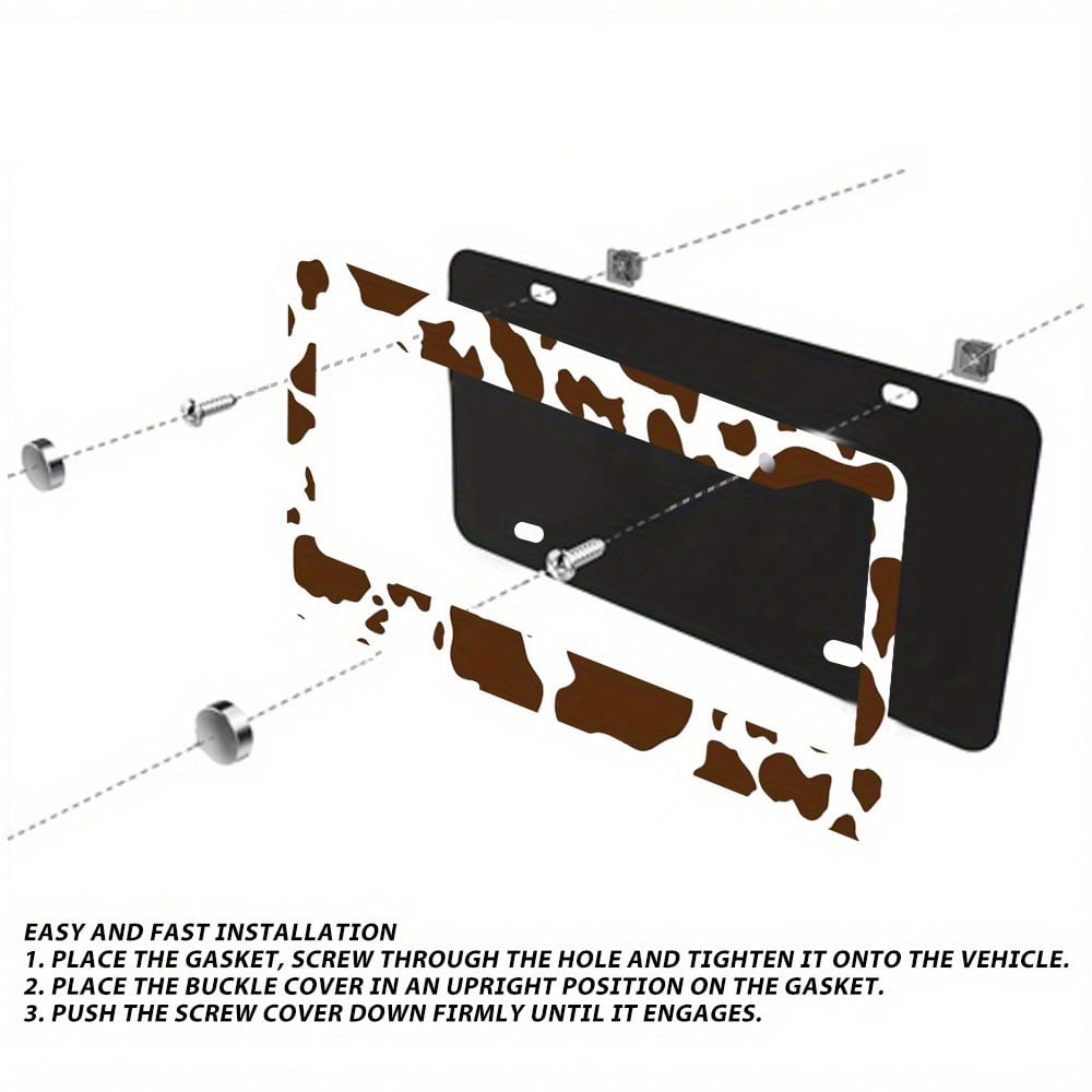 2D Flat Design, Single Piece, For Decorative Purposes Only, Featuring A Cow Pattern License Plate Frame With An Attractive Animal Design On A White Background, Complete With Black Spots.This Car Decor