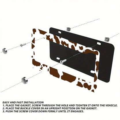 2D Flat Design, Single Piece, For Decorative Purposes Only, Featuring A Cow Pattern License Plate Frame With An Attractive Animal Design On A White Background, Complete With Black Spots.This Car Decor