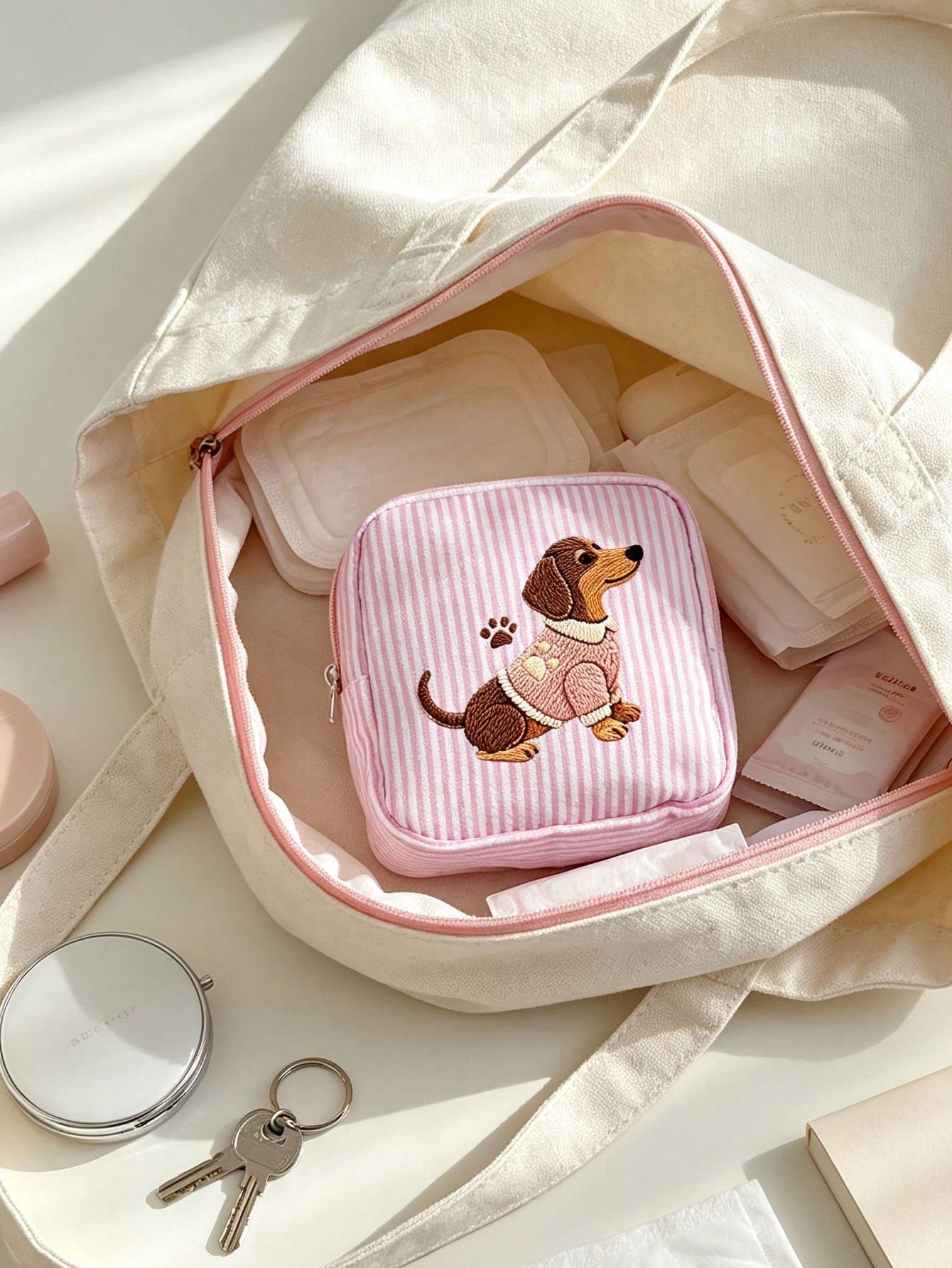 2D Flat Embroidery Puppy Print Minimalist Mini Bag, Portable Storage Bag, Sanitary Napkin Bag, Period Bag, Tampon Bag, Sanitary Napkin Storage Bag, Girls Tampon Storage Bag, Women's Makeup Bag, Coin P