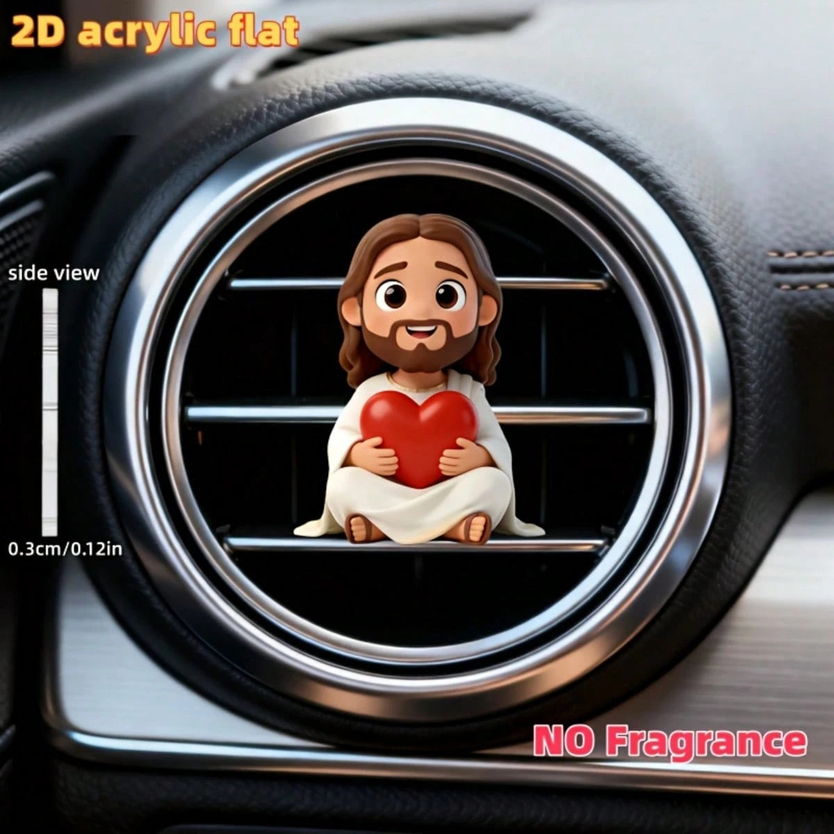 2D Flat Jesus Holding Heart Cartoon Air Vent Clip- Random Scent (2pcs Fragrance Pads), Acrylic Luxury Decor, Fashionable Car Interior Accessory, Ideal Holiday Gift