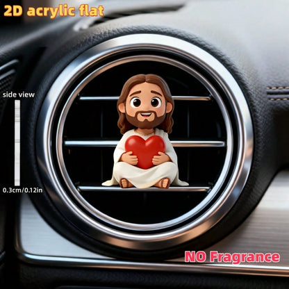 2D Flat Jesus Holding Heart Cartoon Air Vent Clip- Random Scent (2pcs Fragrance Pads), Acrylic Luxury Decor, Fashionable Car Interior Accessory, Ideal Holiday Gift