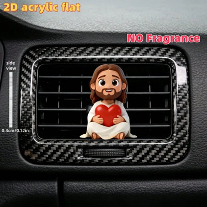 2D Flat Jesus Holding Heart Cartoon Air Vent Clip- Random Scent (2pcs Fragrance Pads), Acrylic Luxury Decor, Fashionable Car Interior Accessory, Ideal Holiday Gift