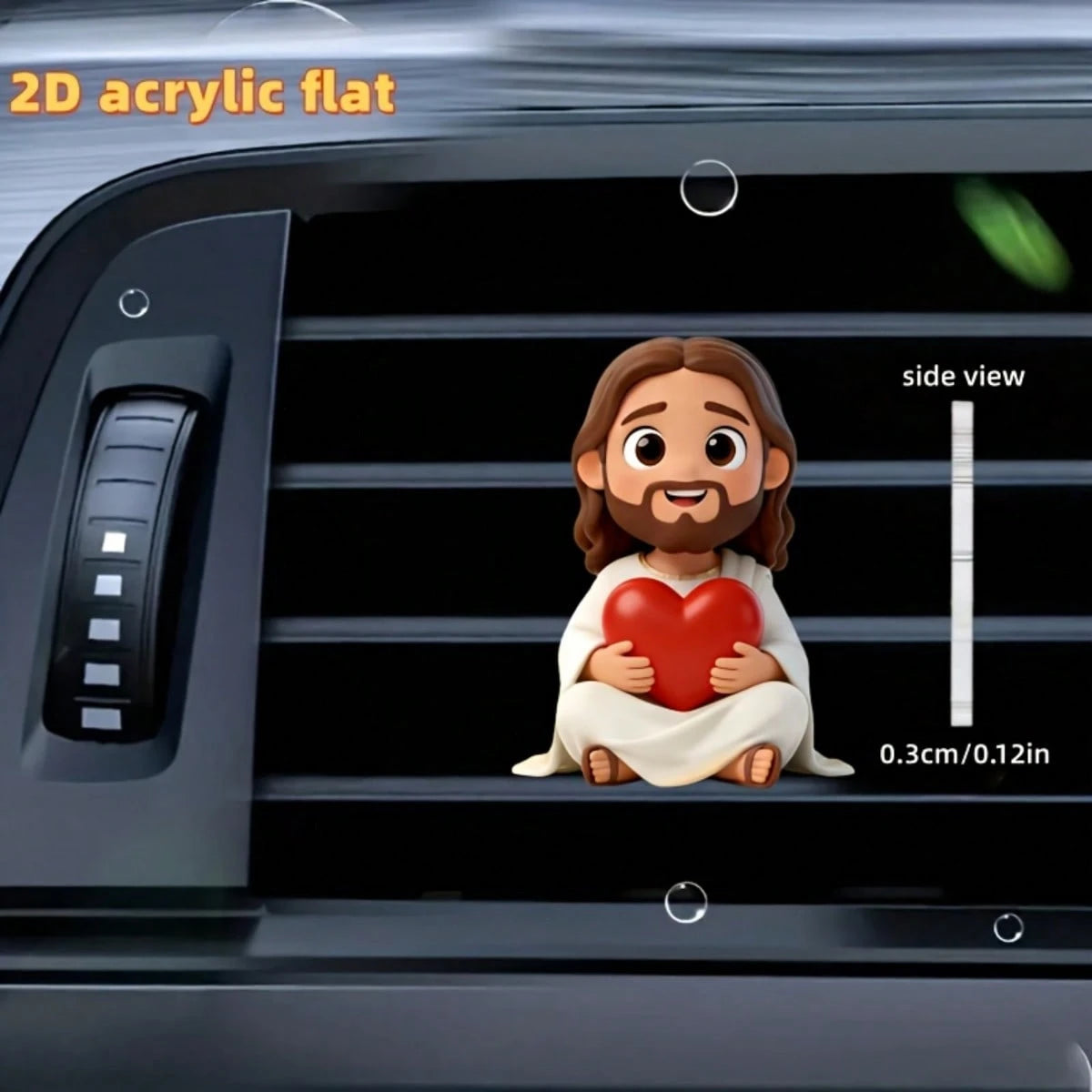2D Flat Jesus Holding Heart Cartoon Air Vent Clip- Random Scent (2pcs Fragrance Pads), Acrylic Luxury Decor, Fashionable Car Interior Accessory, Ideal Holiday Gift