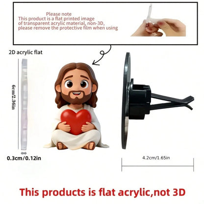 2D Flat Jesus Holding Heart Cartoon Air Vent Clip- Random Scent (2pcs Fragrance Pads), Acrylic Luxury Decor, Fashionable Car Interior Accessory, Ideal Holiday Gift