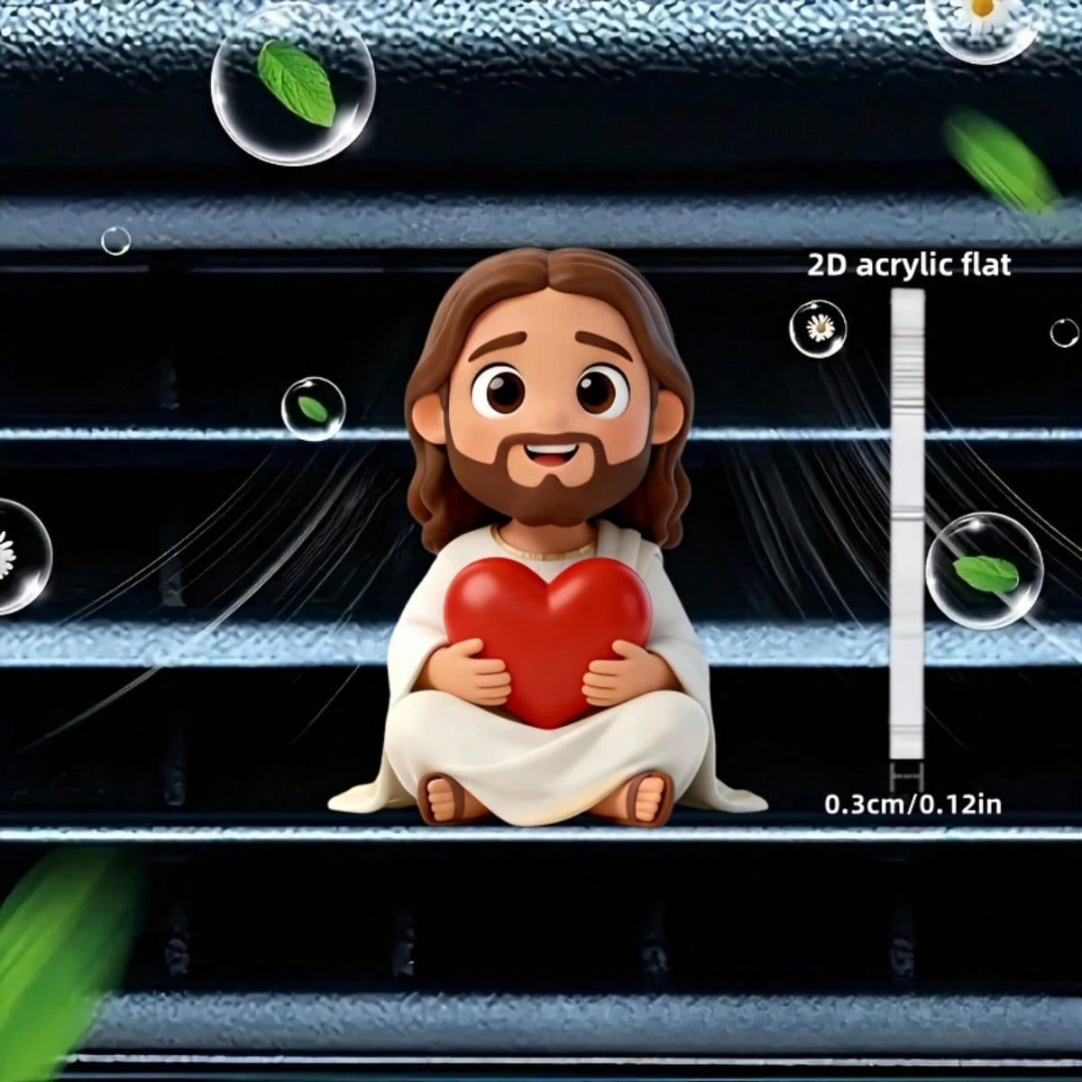 2D Flat Jesus Holding Heart Cartoon Air Vent Clip- Random Scent (2pcs Fragrance Pads), Acrylic Luxury Decor, Fashionable Car Interior Accessory, Ideal Holiday Gift