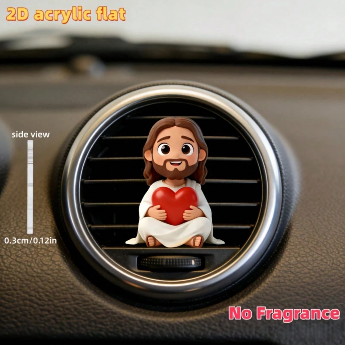 2D Flat Jesus Holding Heart Cartoon Air Vent Clip- Random Scent (2pcs Fragrance Pads), Acrylic Luxury Decor, Fashionable Car Interior Accessory, Ideal Holiday Gift