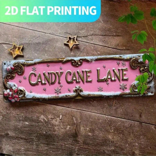 2D Flat, 1pc "Candy Cane Lane" Vintage Metal Wall Sign- Retro Aluminum Decoration With Pre-Drilled Holes, Farmhouse Porch Décor Suitable For Home