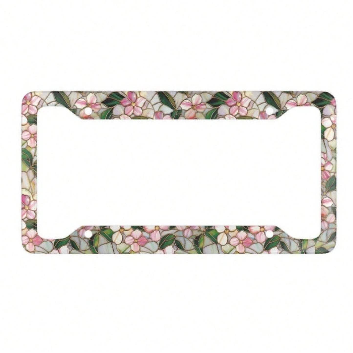 2D Flat, Pink And White Stained Glass Style Floral And Green Leaf Pattern Metal License Plate Frame (With Enhanced Features), 12X 6inch Aluminum Car License Plate Frame, Suitable For Sedans/SUVs/Picku