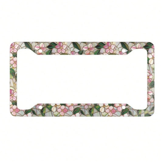 2D Flat, Pink And White Stained Glass Style Floral And Green Leaf Pattern Metal License Plate Frame (With Enhanced Features), 12X 6inch Aluminum Car License Plate Frame, Suitable For Sedans/SUVs/Picku