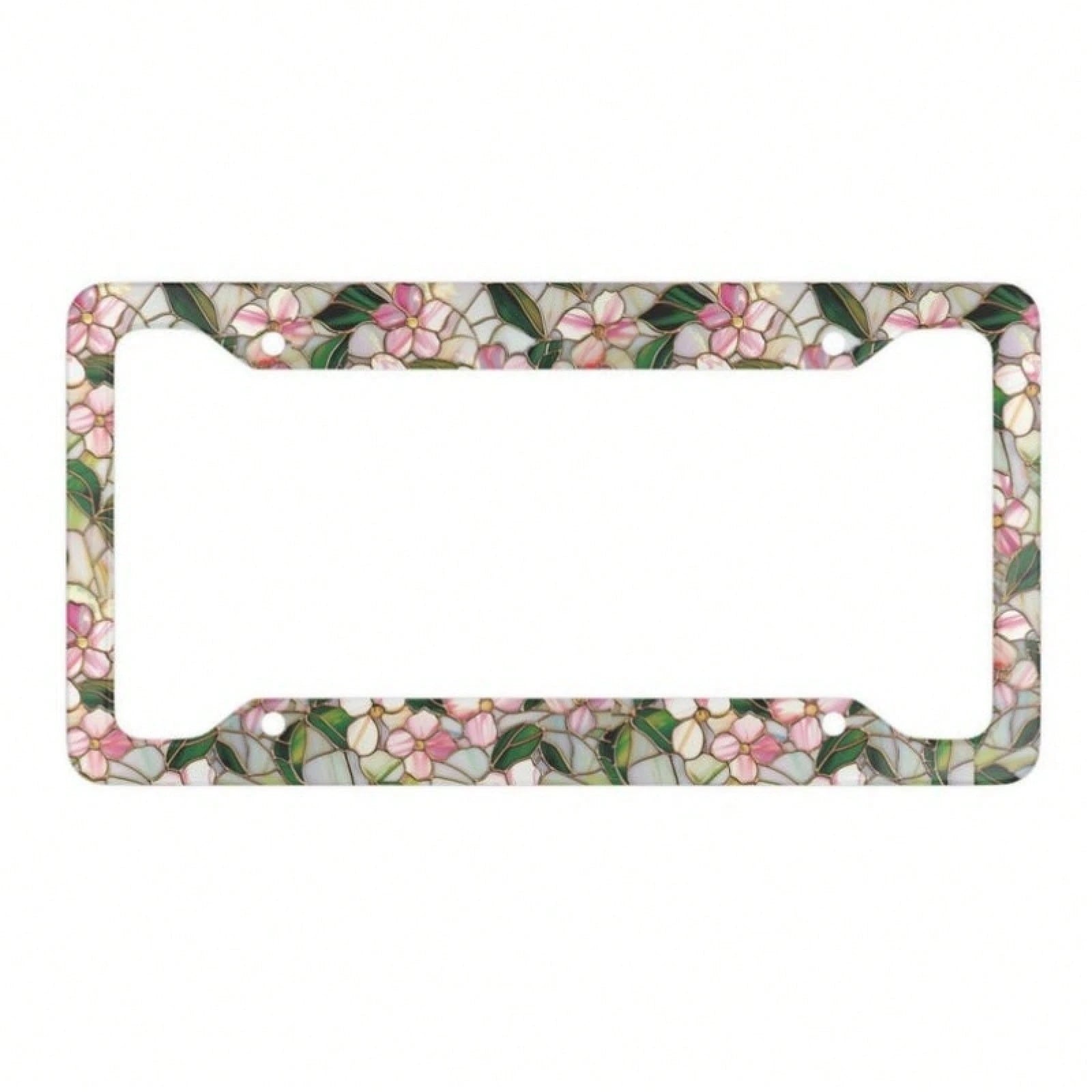 2D Flat, Pink And White Stained Glass Style Floral And Green Leaf Pattern Metal License Plate Frame (With Enhanced Features), 12X 6inch Aluminum Car License Plate Frame, Suitable For Sedans/SUVs/Picku